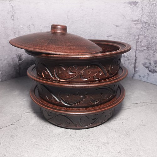 紅石 陶器砂鍋設置的三件手工砂鍋