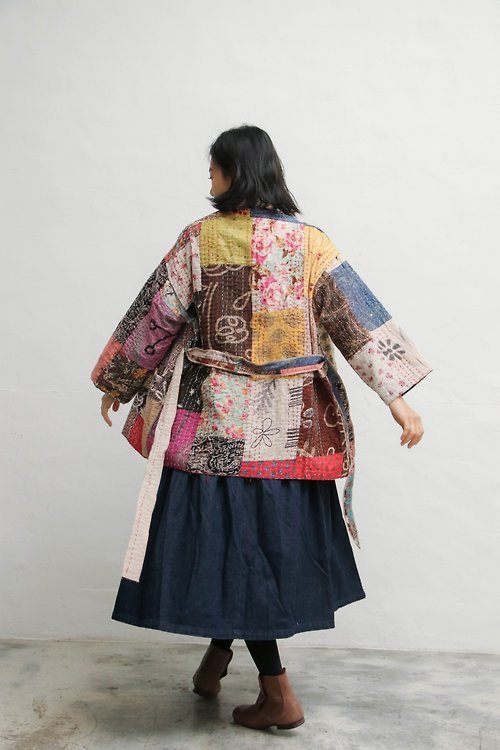 OMAKE TAIWAN 坎塔刺繡雙面中性和式外套 粉彩x沙色
