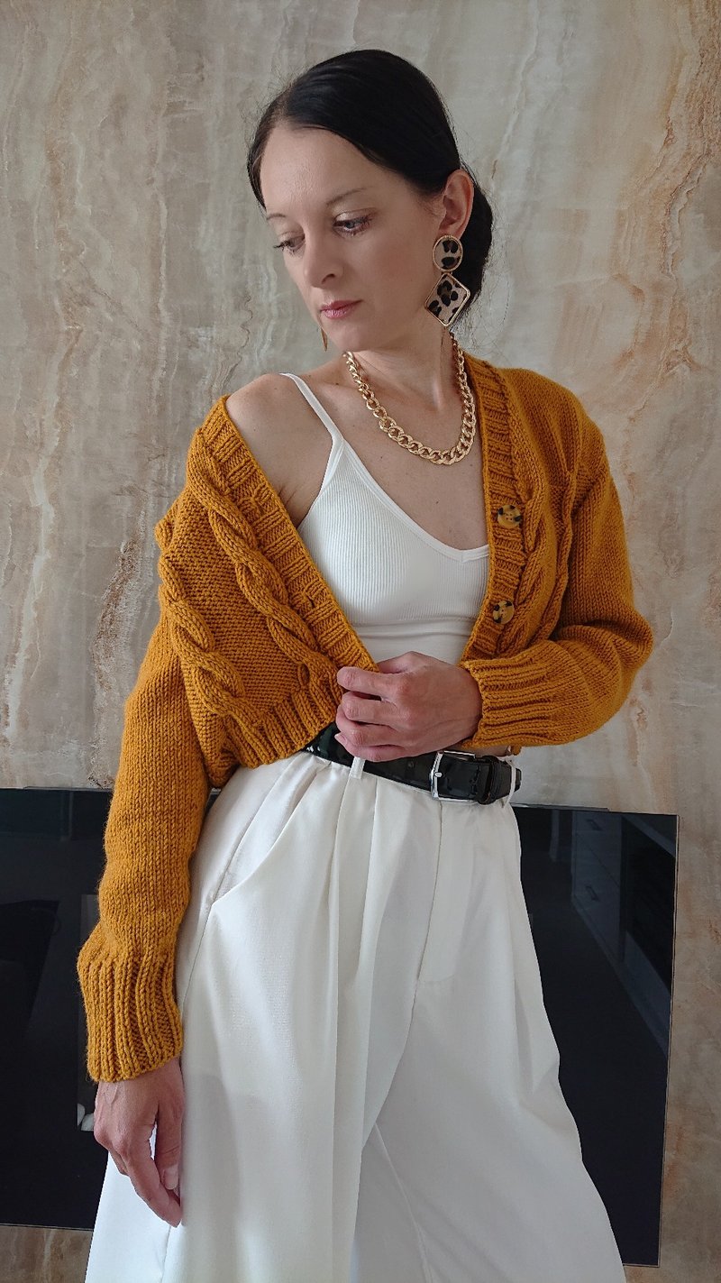 Crop knit cardigan for women Long sleeve top sweater with buttons Yellow jacket - 女毛衣/針織衫 - 羊毛 