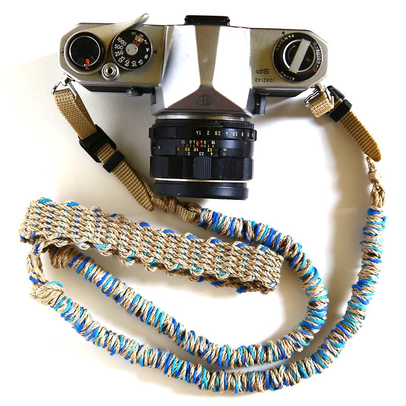 Last one/finished product/MIX hemp camera strap blue/belt - Camera Straps & Stands - Cotton & Hemp Blue