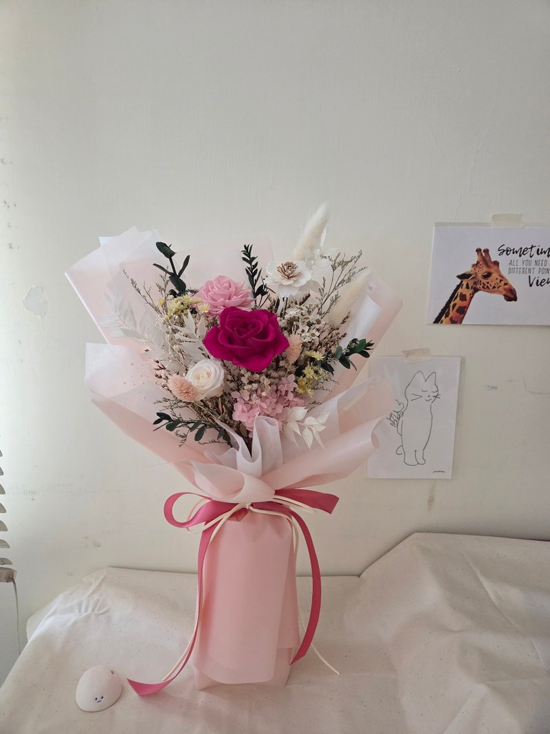 玫紅粉浪漫小型永生玫瑰花束 - 乾燥花/永生花 - 植物．花 