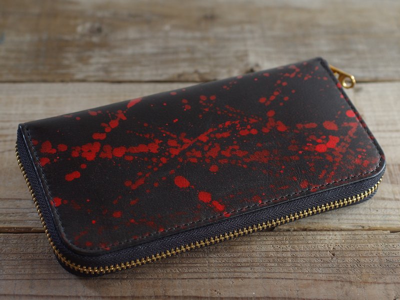 手縫いファスナーウォレットブラック(red paint) - 財布 - 革 ブラック