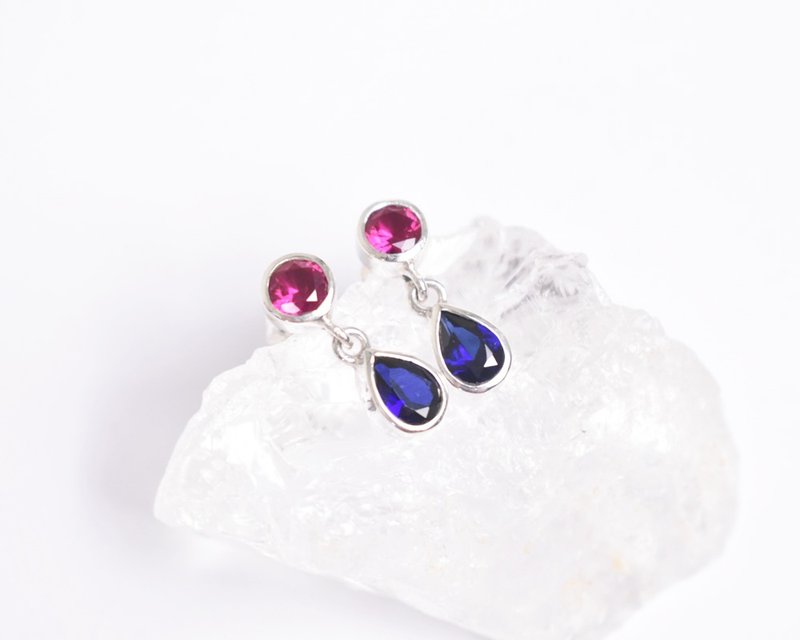 Silver earrings with clear blue sapphires and vibrant pink rubies - Earrings & Clip-ons - Gemstone Blue