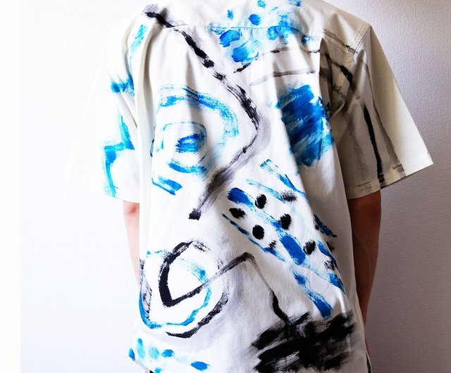 ☆【レオナール】ユニセックス Tシャツ 総柄 ペイント柄 綿100％ 半袖 M ペンキ風インクペイント半袖シャツ 1006柄 綿 生成 ユニセックス