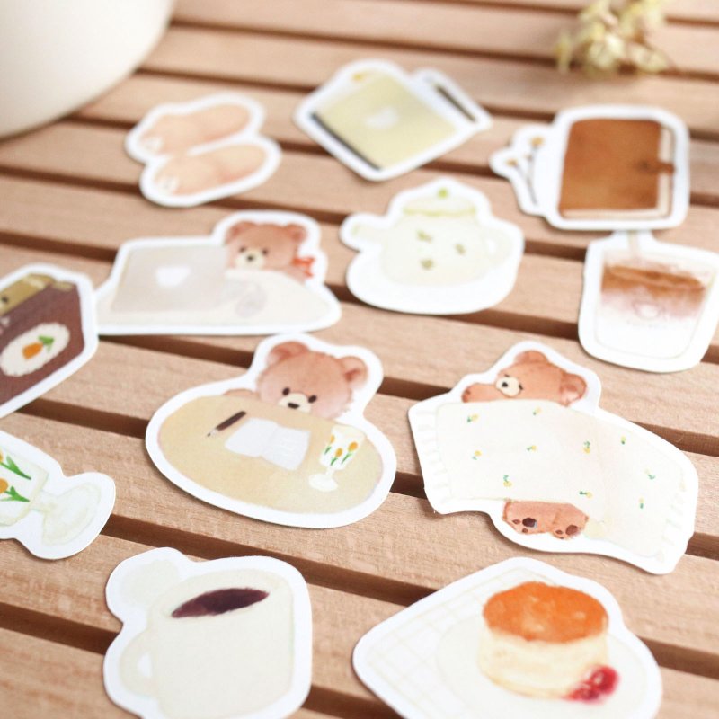 Bear and Home Café Flake Stickers - สติกเกอร์ - กระดาษ สีนำ้ตาล