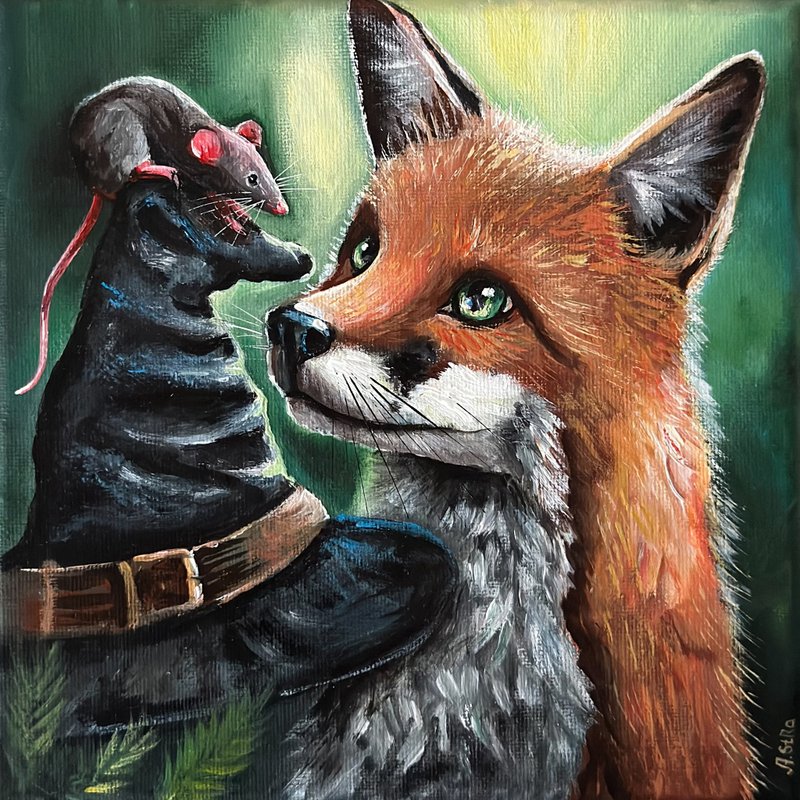 Original canvas painting Fox and Mouse, Fox wall art, Witchy painting Forest art - ตกแต่งผนัง - ผ้าฝ้าย/ผ้าลินิน หลากหลายสี