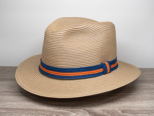 Natural Club 紙在乎你 英倫簡約紳士帽-自然色 藍橙拼色飾帶 紙線編織