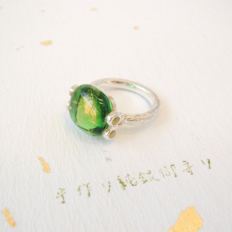 【純銀】綠色方形 金箔琉璃戒指９号(JP) - 戒指 - 純銀 銀色