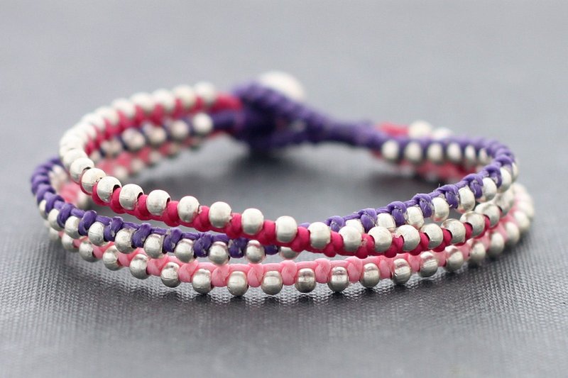 Sweet Pastel Silver Beaded Bracelets Love Cord Woven Silver Stud Cuff - สร้อยข้อมือ - ผ้าฝ้าย/ผ้าลินิน สึชมพู