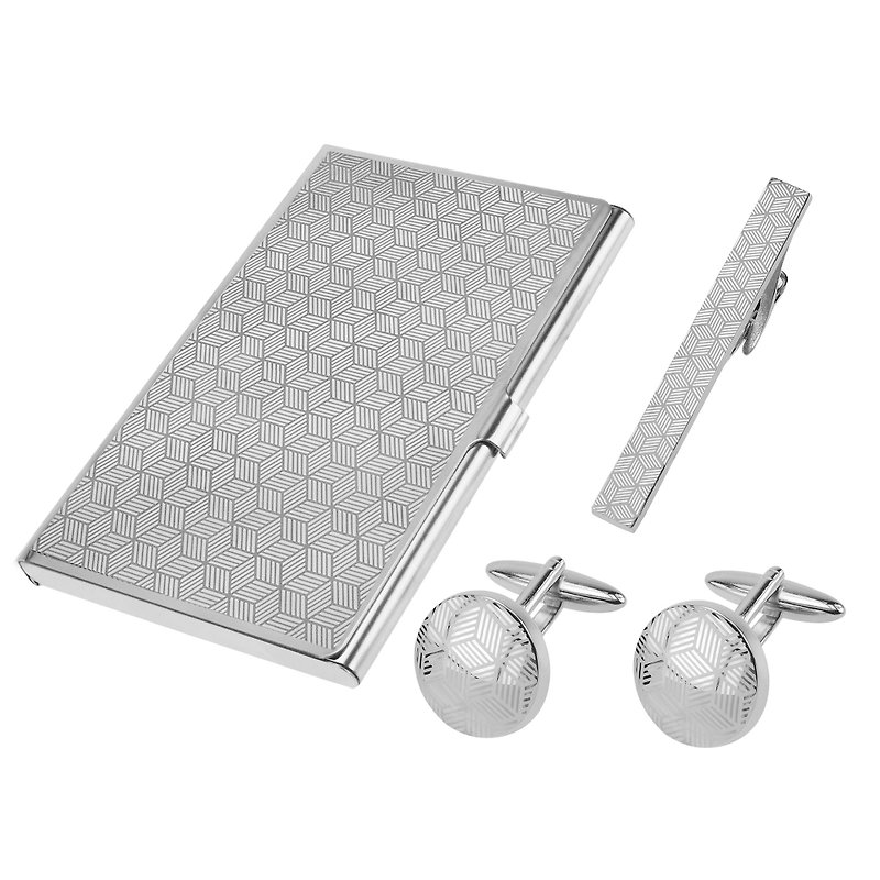 Laser Engraved Quadrilateral Cufflinks Tie Clip and Card Holder Set - กระดุมข้อมือ - โลหะ สีเงิน