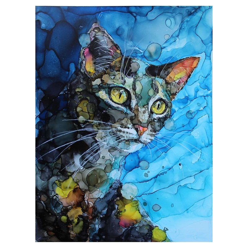 Portrait Abyssinian cat painting original personalized pet portrait 40*30 cm - Wall Décor - Other Materials Multicolor