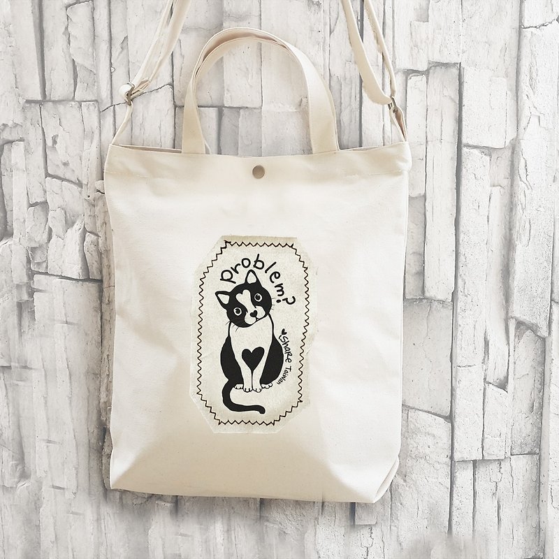 Cat no dye A4 hand sewn printed canvas bag / oblique bag / shoulder bag - Messenger Bags & Sling Bags - Cotton & Hemp White