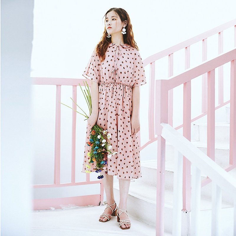 【夏裝特價】安妮陳2018夏裝新款前系帶波點手工連身裙洋裝 8697 - 連身裙 - 聚酯纖維 粉紅色