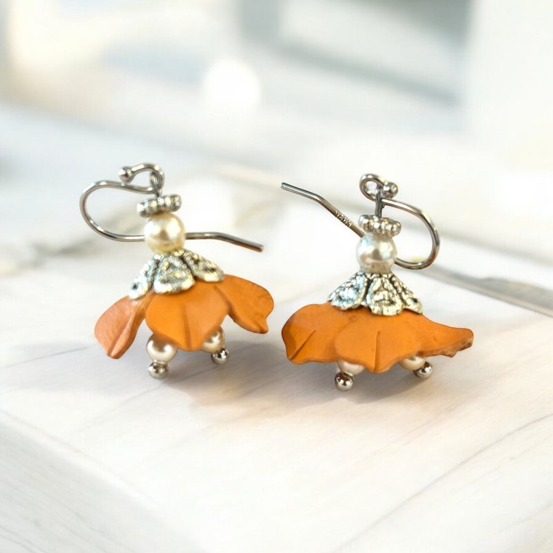 Leather Earrings Dancing Flower Fairy Crystal Pearl Earrings - Items for Display - Genuine Leather Orange