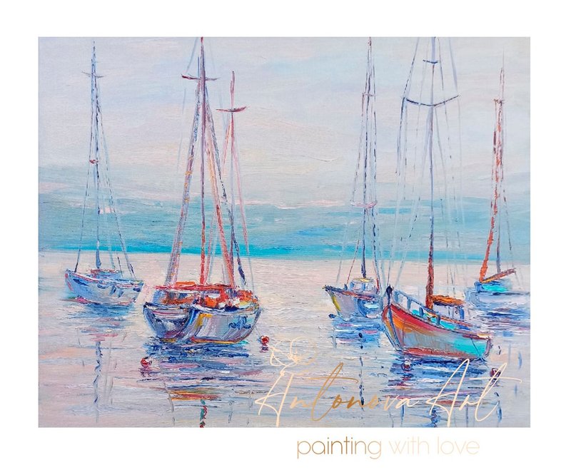 帆船油畫海景船原創藝術帆布藝術品牆藝術油畫 - 壁貼/牆壁裝飾 - 棉．麻 藍色