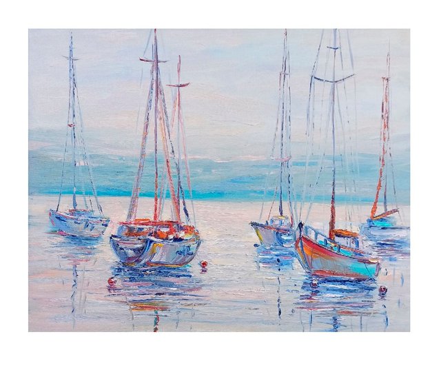 帆船 油絵 海景 ボート 原画 キャンバス アートワーク ウォール