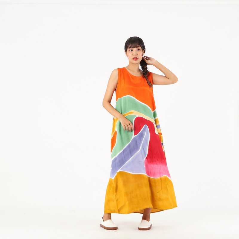 Long Dress Cotton Rayon Hand Paint Free Size - 洋裝/連身裙 - 棉．麻 橘色