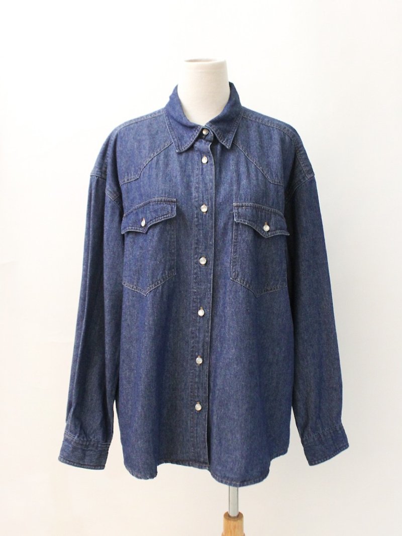 Vintage European Wild Loose Two Wear Denim Denim Dark Blue Long Sleeve Vintage Shirt Jacket - Women's Shirts - Cotton & Hemp Blue