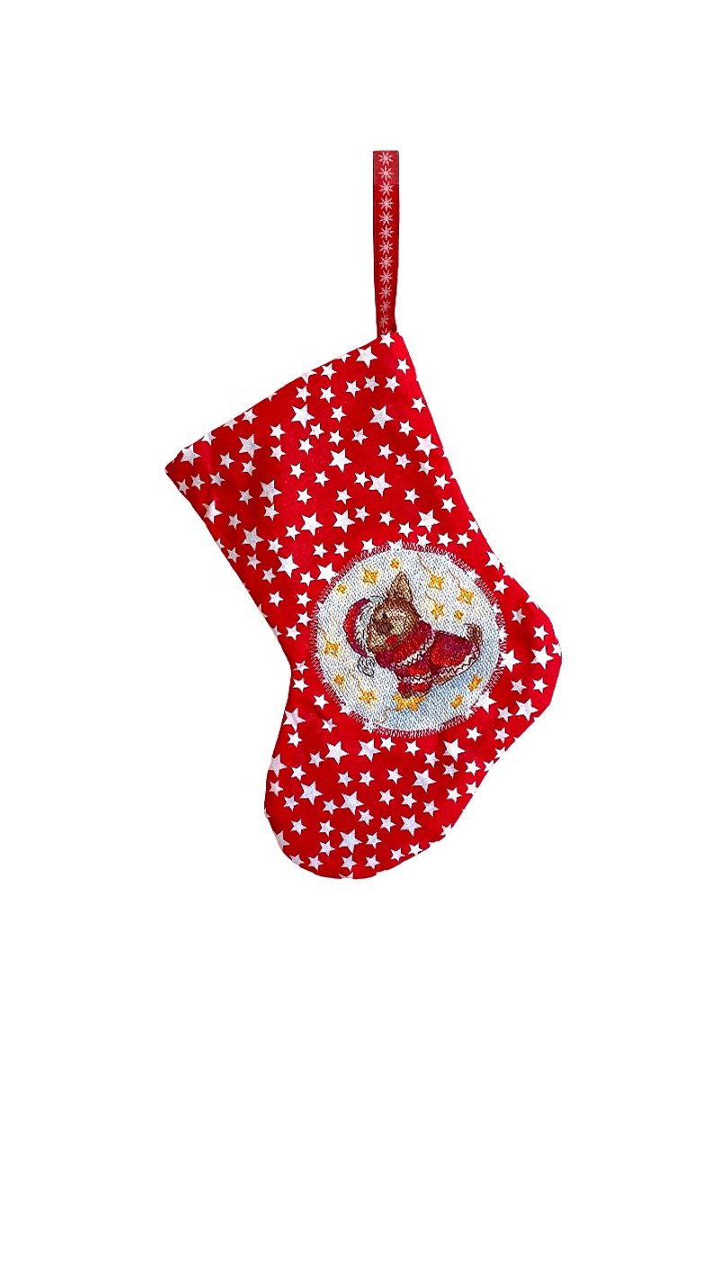 Christmas decoration stocking ; stocking with dog ; holiday decor - Other - Cotton & Hemp Red