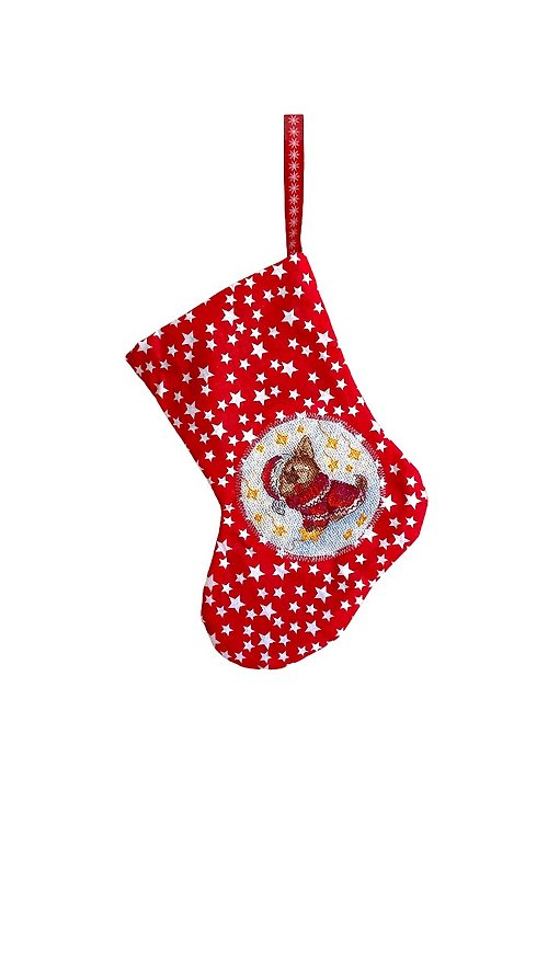 maplesquirrelstitch Christmas decoration stocking ; stocking with dog ; holiday decor