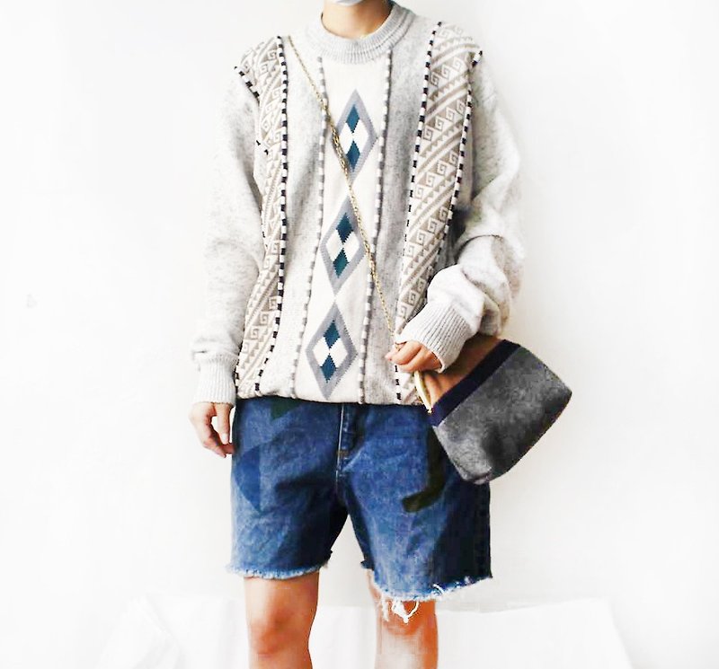 Vintage vintage geometric neutral sweater - สเวตเตอร์ผู้ชาย - เส้นใยสังเคราะห์ ขาว