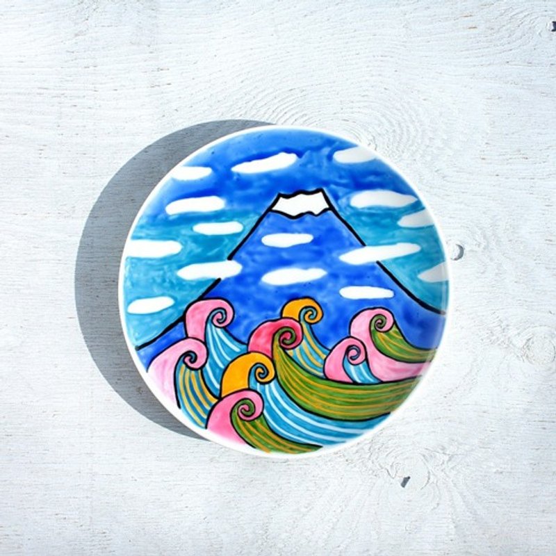 夏の富士山（波千鳥）色絵皿 - 碟子/醬料碟/醬油碟 - 陶 