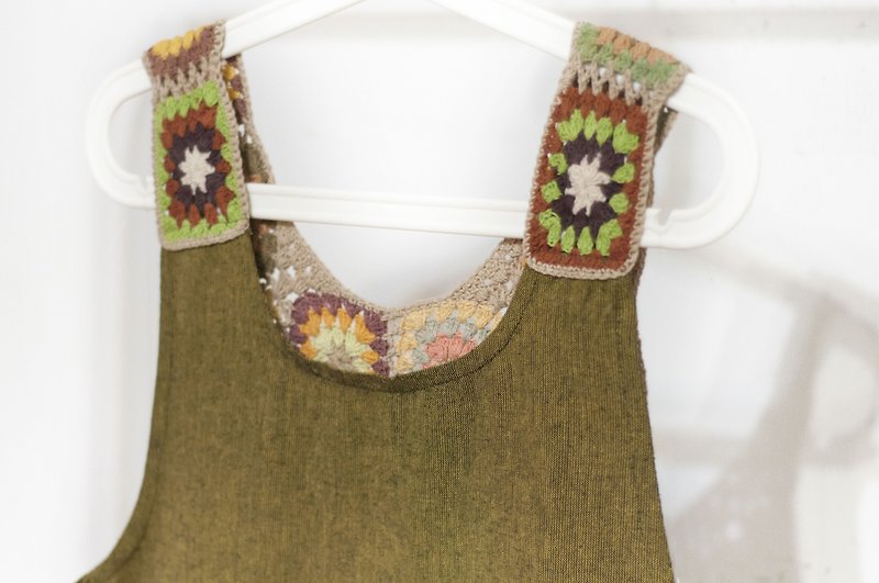鉤織棉麻洋裝/波希米亞連身裙/花朵洋裝/手工刺繡洋裝-森林風花朵 - 連身裙 - 棉．麻 綠色