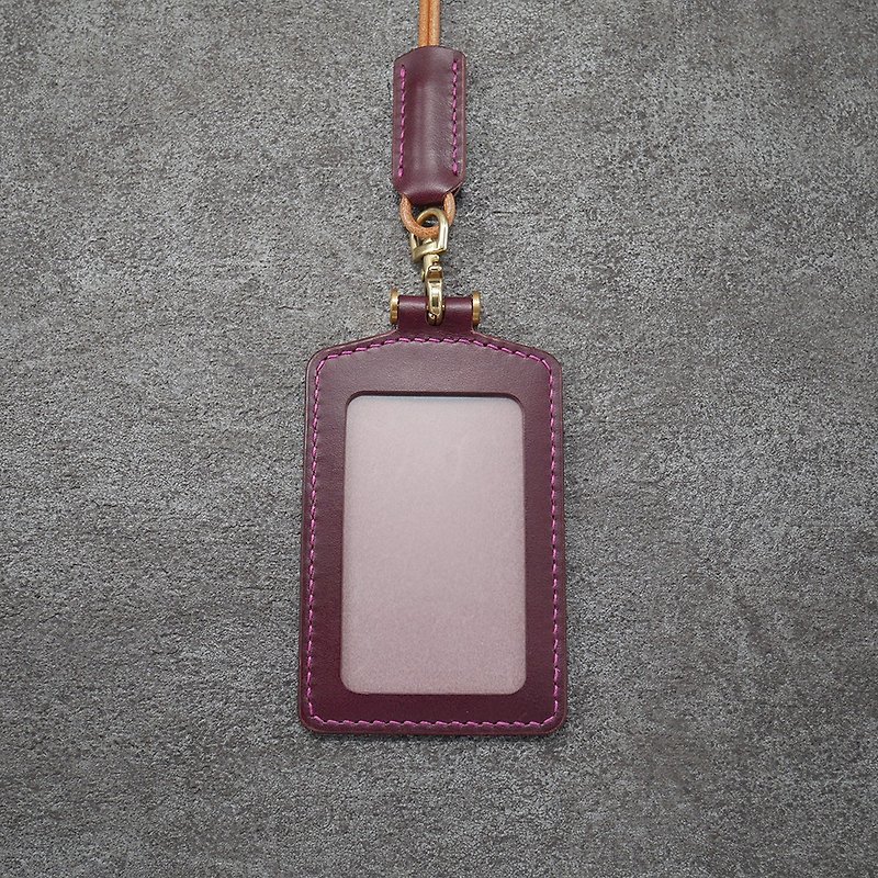Vegetable tanned leather straight identification card holder-purple_free custom branding - ที่ใส่บัตรคล้องคอ - หนังแท้ สีม่วง