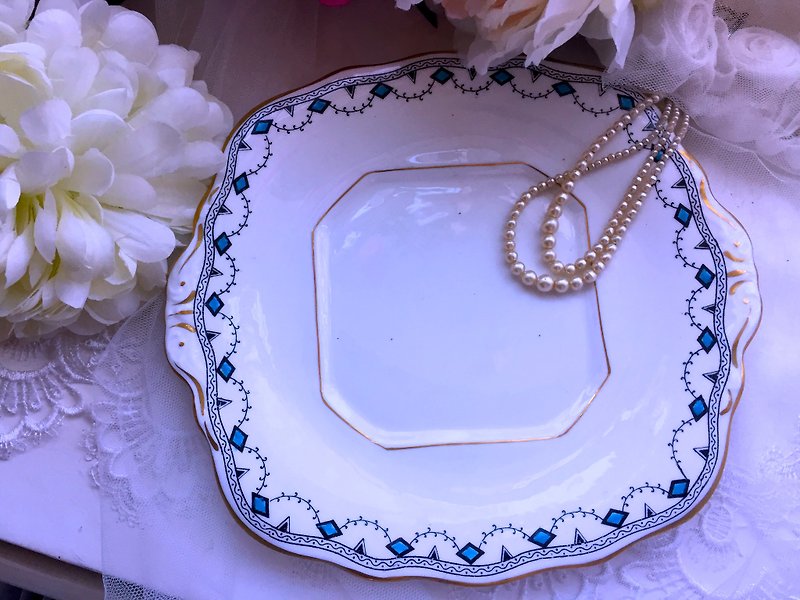 ♥ Anne Crazy Antique ♥ Made in 1930 Art Deco Art Deco Hand-painted Square Antique Cake Plate - Small Plates & Saucers - Porcelain Blue
