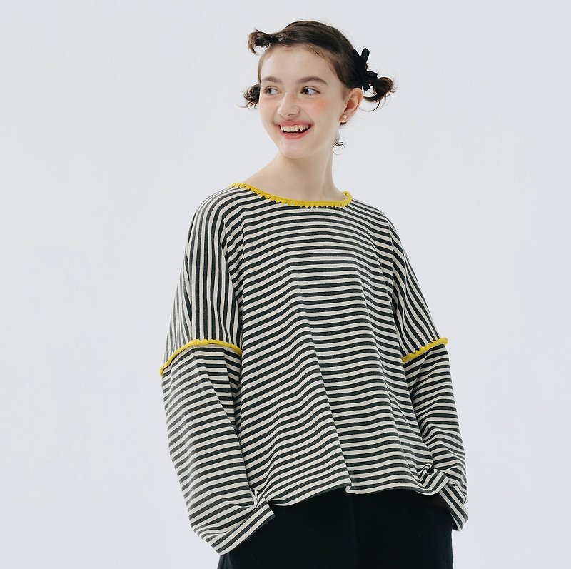 Shell lace warm cotton gray striped long-sleeved top/parent-child wear - เสื้อผู้หญิง - ผ้าฝ้าย/ผ้าลินิน สีเทา