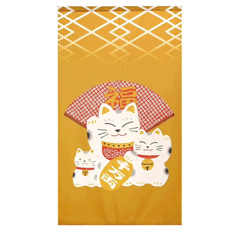 Japanese made コスモlong noren curtain lucky cat lucky yellow fan - Doorway Curtains & Door Signs - Other Man-Made Fibers 