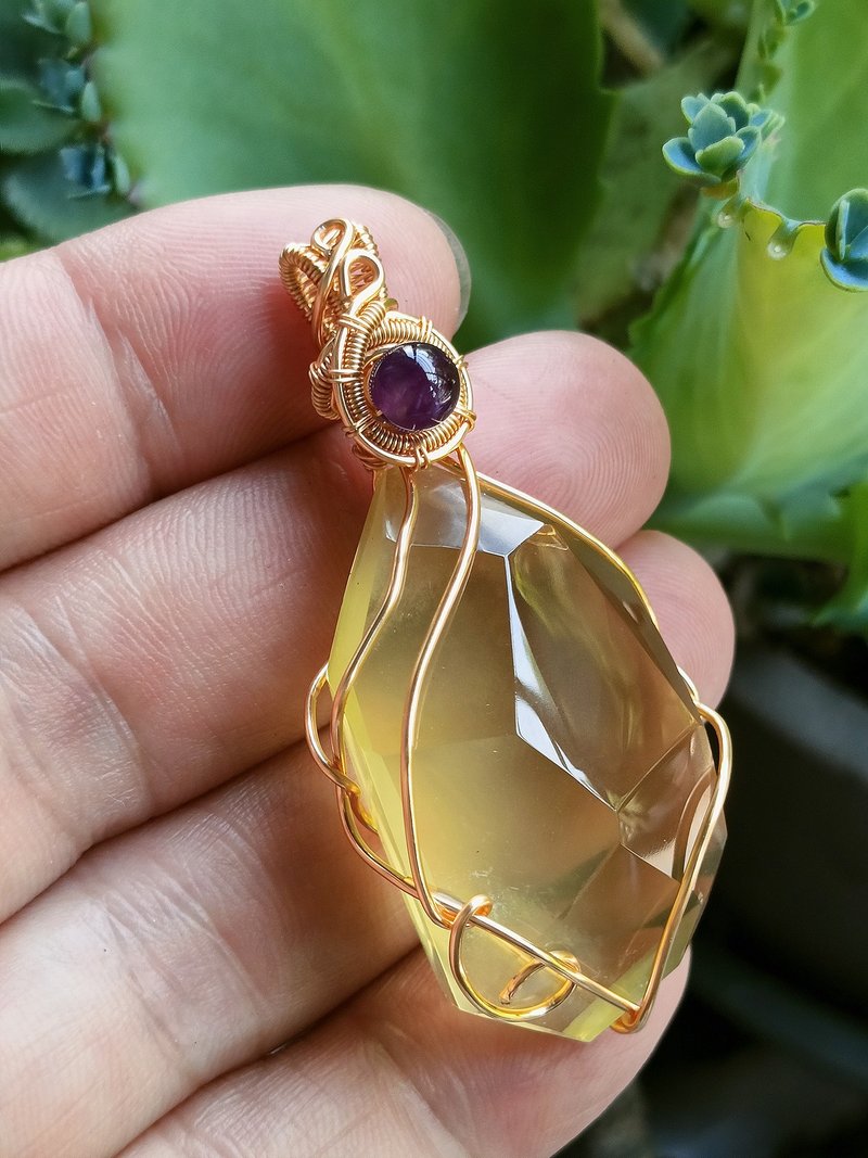 黃水晶項墜 /水晶飾品 /銅線編織 金屬線編織 - 項鍊 - 半寶石 