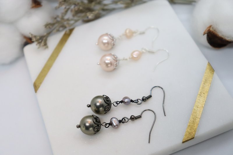 Elegant Peach Pink / Dark Grey Swarovski Pearls Dangle Earrings - Earrings & Clip-ons - Pearl 