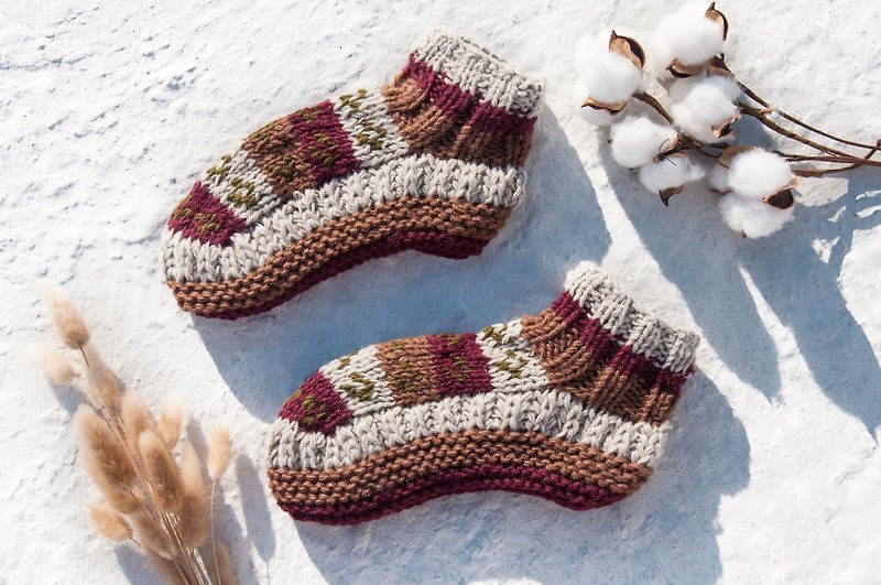 Hand-knitted pure wool knit socks / inner brushed striped socks / wool crochet socks / warm socks - natural forest - Socks - Wool Multicolor