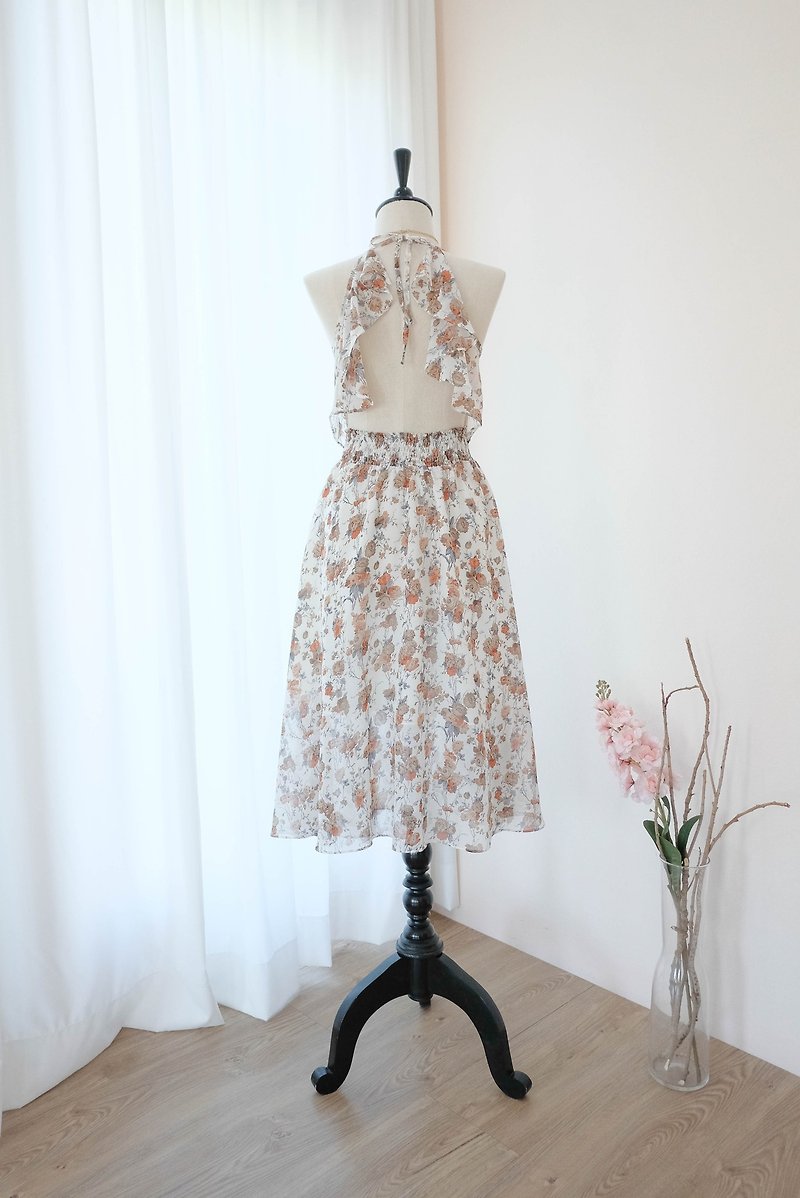 Creamy white dress Peach floral Bridesmaid dress Mid Length Cocktail Dress - 連身裙 - 聚酯纖維 白色