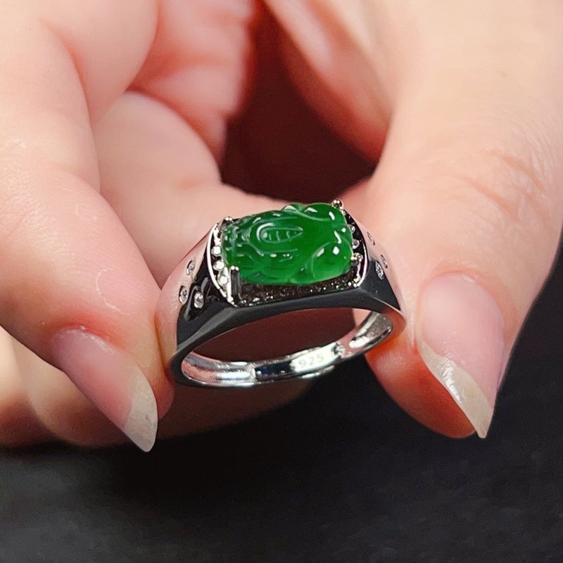 【招財神獸】冰種老坑綠翡翠貔貅戒指925銀 | 天然A貨翡翠 | 送禮 - 戒指 - 玉石 綠色