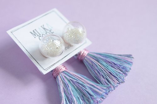 MIAKA CODE 。Handmade & Fashion 12mm透明玻璃球 流蘇 Pastel Pantone (彩紫粉色) 耳環/夾式耳環