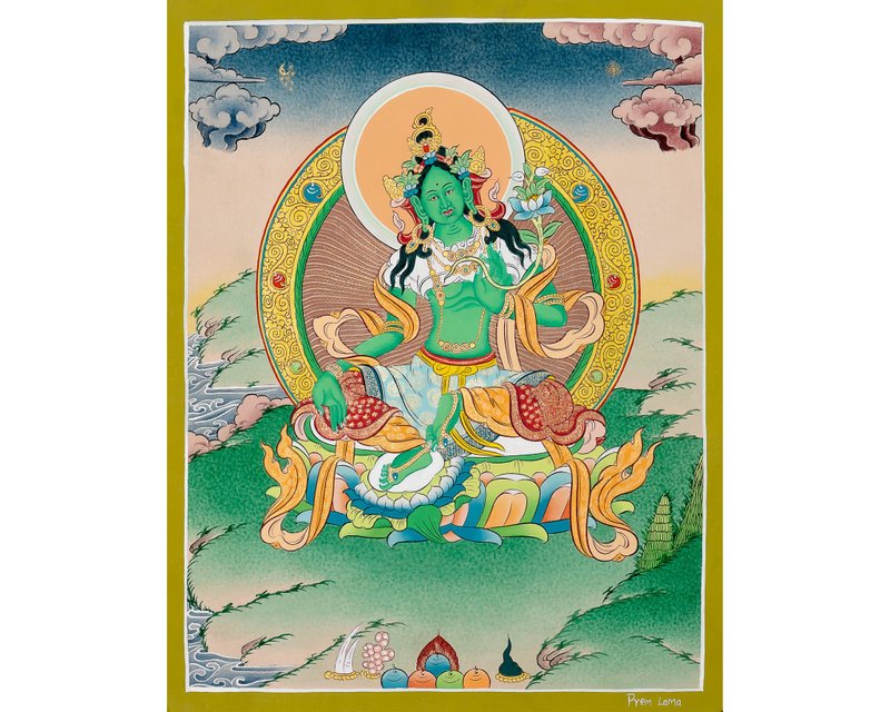 綠度母唐卡 – 慈悲與迅速行動的女神 - 壁貼/牆壁裝飾 - 其他材質 多色