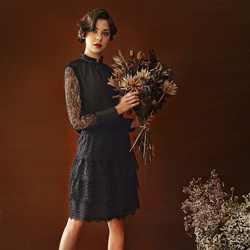 Black lace and knee skirt - Skirts - Polyester Black