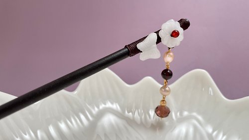 Athena珍珠設計 國風髮簪 天然淡水珍珠 白玉 黑檀木 石榴石 木簪子