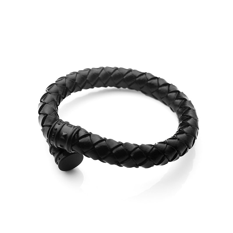 鉚釘編織皮繩C型手環 Rivet Leather C-Type Bracelet - 手鍊/手環 - 其他金屬 黑色