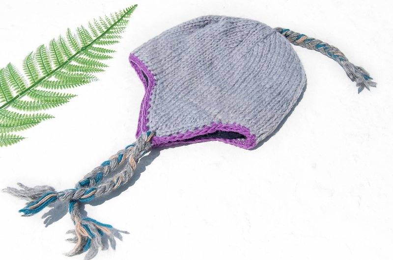 Knitted pure wool hat/handmade inner bristled wool hat/knitted wool hat/flying wool hat/wool hat-taro color - Hats & Caps - Wool Purple
