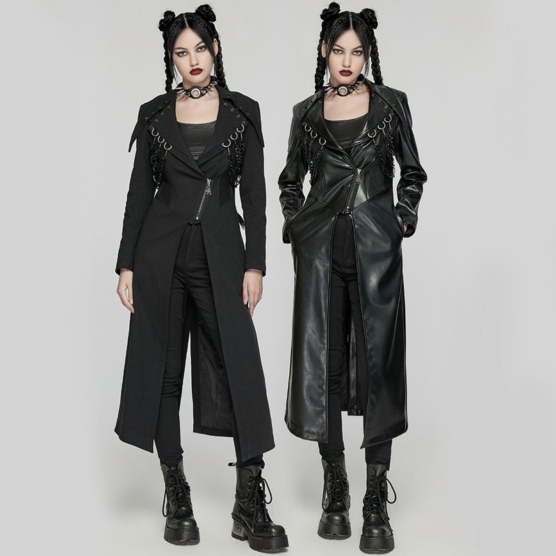 Punk Ghost March Heavy Craftsman Long Jacket - Pure Cotton/Leather - เสื้อสูท/เสื้อคลุมยาว - วัสดุอื่นๆ สีดำ