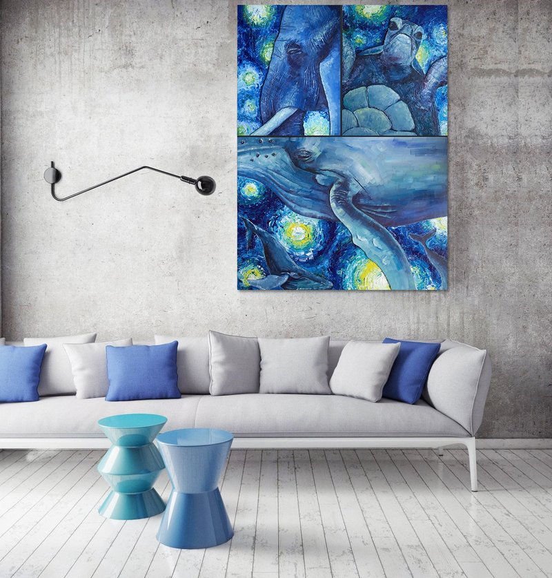 Acrylic painting triptych: elephant, turtle, whales. Blue 3d art for interior - Posters - Acrylic Multicolor