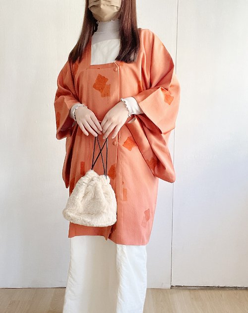 REreburn 日本製和風印花蜜桃橘長版古著羽織道行和服外套