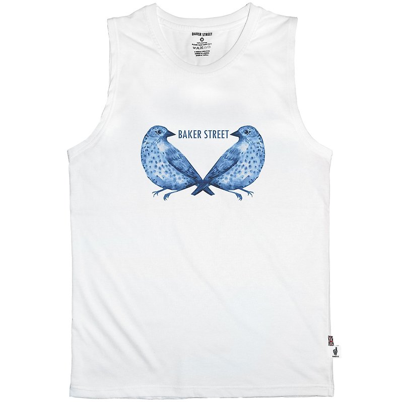 British Fashion Brand -Baker Street- Blue Birds Printed Tank Top - เสื้อกั๊กผู้ชาย - ผ้าฝ้าย/ผ้าลินิน ขาว