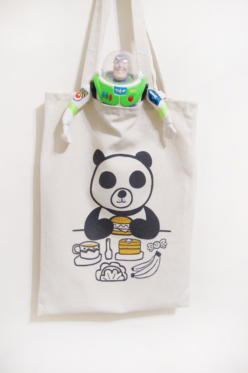panda grocery store-panda eats hamburger canvas bag eco-friendly shopping bag - กระเป๋าแมสเซนเจอร์ - วัสดุอื่นๆ ขาว