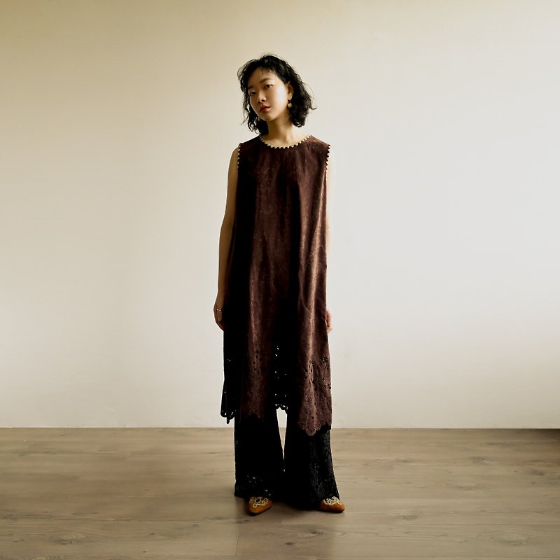 【NaSuBi Vintage】Velvet Laser Carved Vintage Dress - One Piece Dresses - Other Man-Made Fibers Brown
