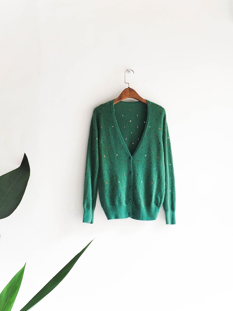 River Water - Kanagawa green color line little youth log Antique Cashmere jacket cashmere coat Vintage sweater cashmere vintage oversize - สเวตเตอร์ผู้หญิง - ขนแกะ สีเขียว