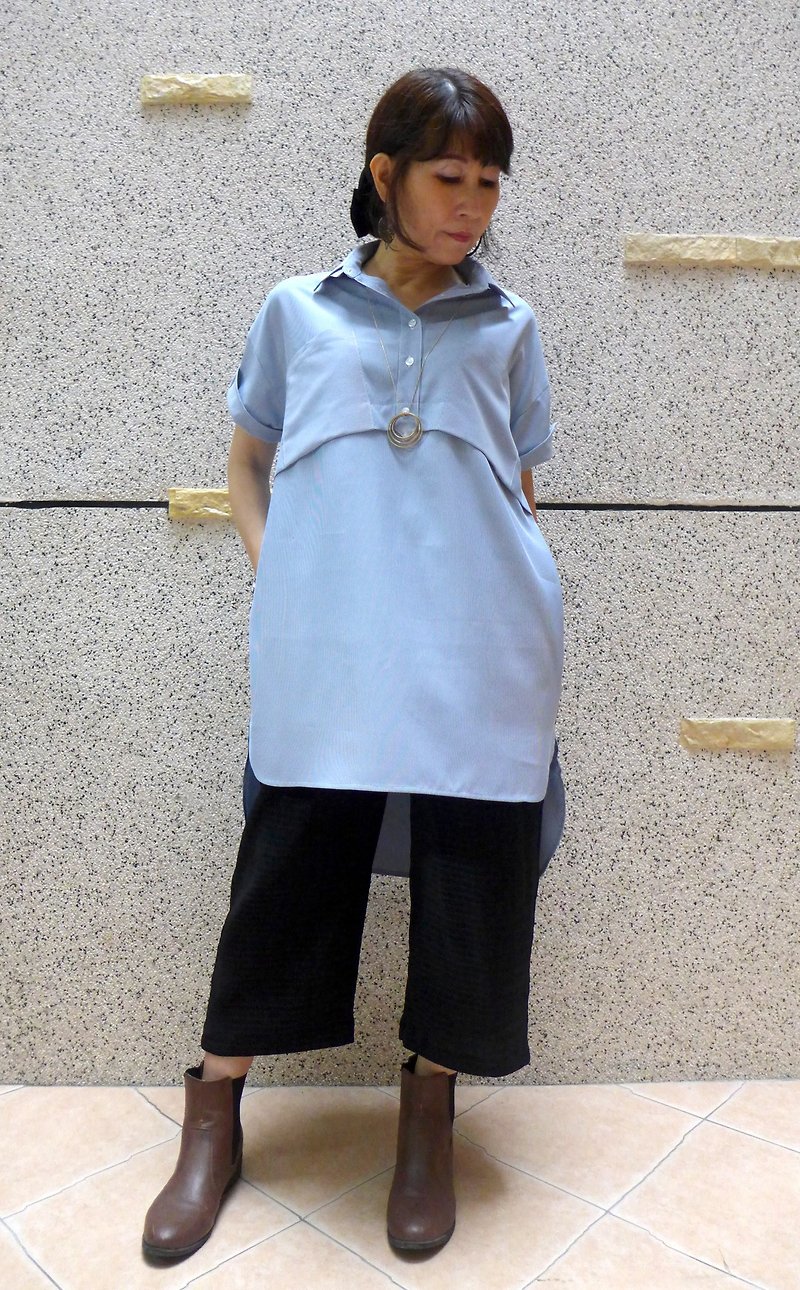 前短後長襯衫式條紋洋裝 - 連身裙 - 聚酯纖維 藍色